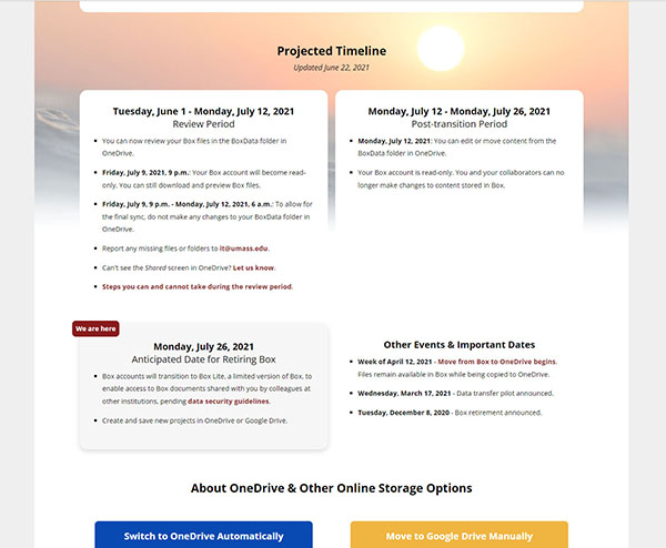 web page with a retirement timeline for the Box service