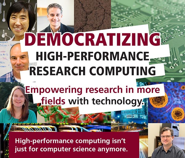 cropped version of a poster with pictures of researchers and text democratizing high performance research computing